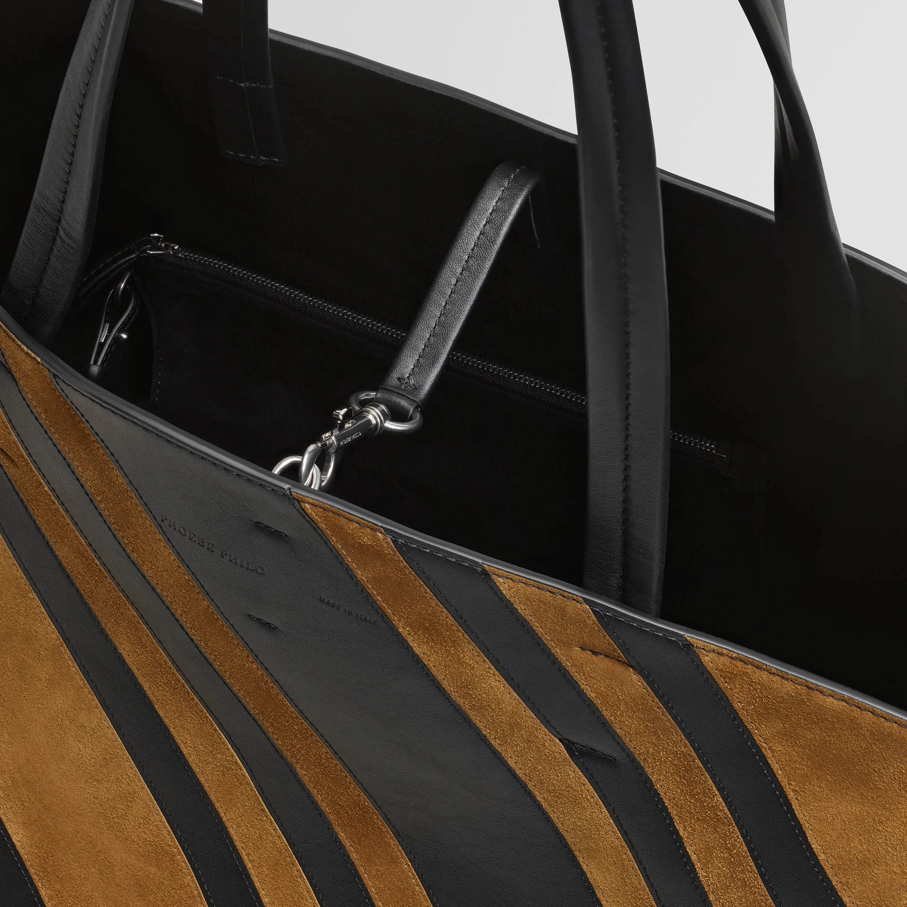 BASKET CABAS | black toffee leather and suede with silver
