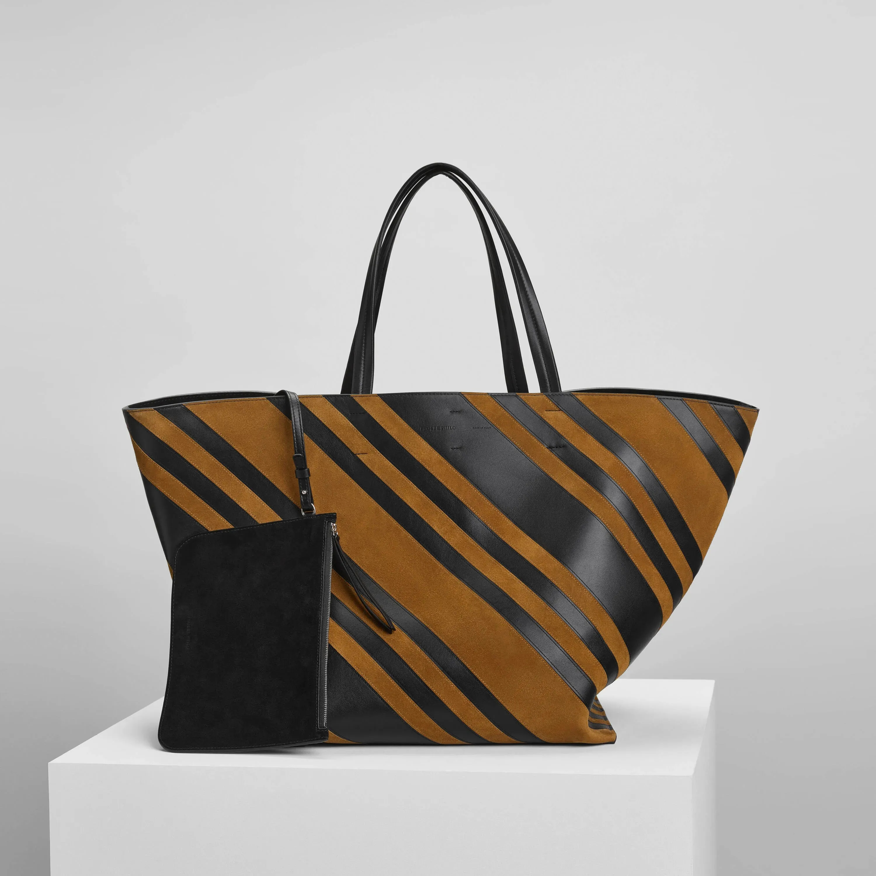 BASKET CABAS | black toffee leather and suede with silver