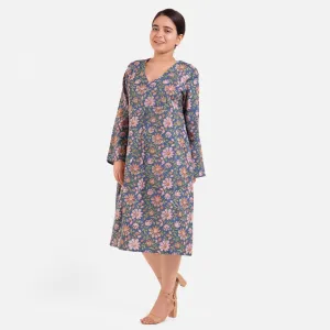 Blue Block Print Floral Cotton Knee Length Dress