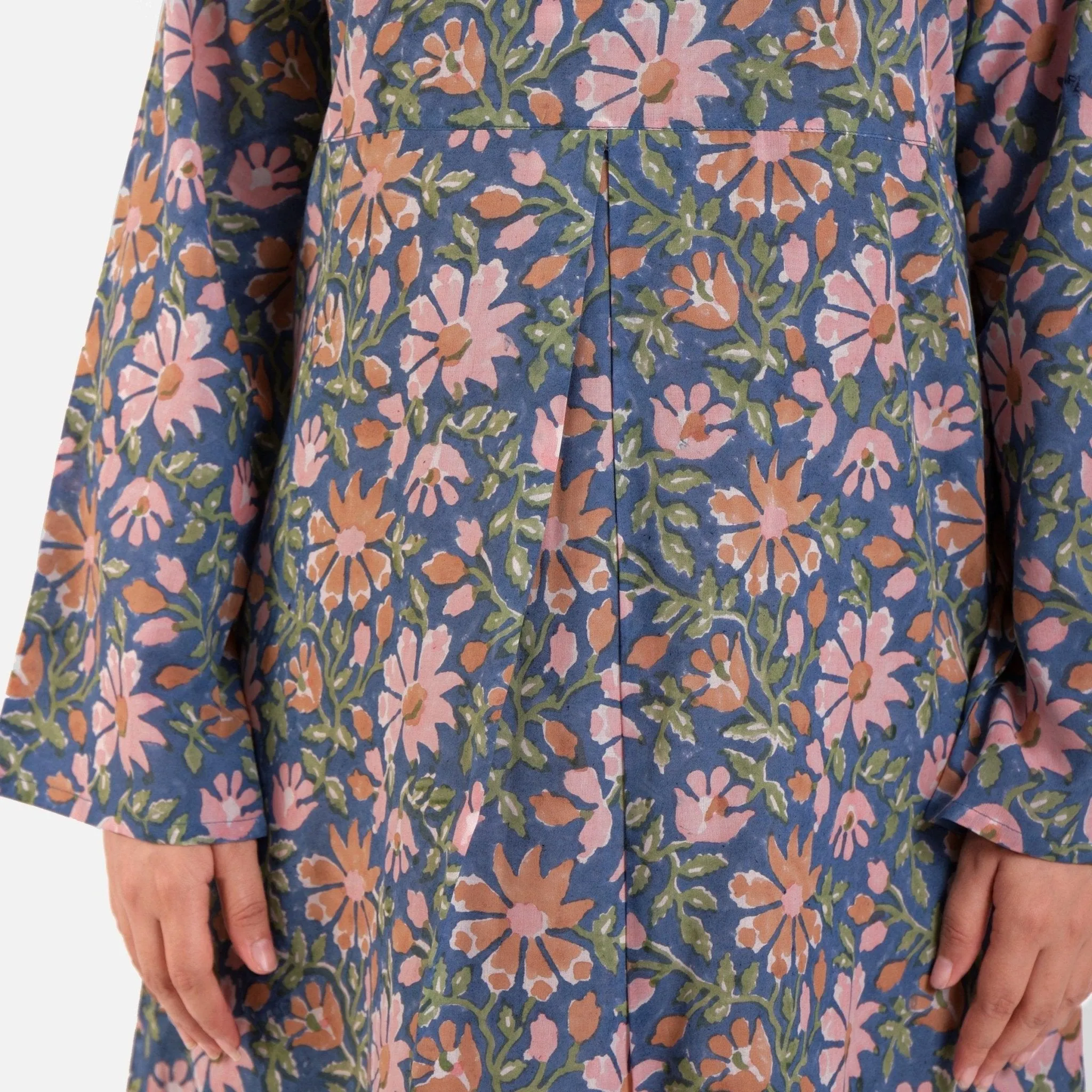 Blue Block Print Floral Cotton Knee Length Dress