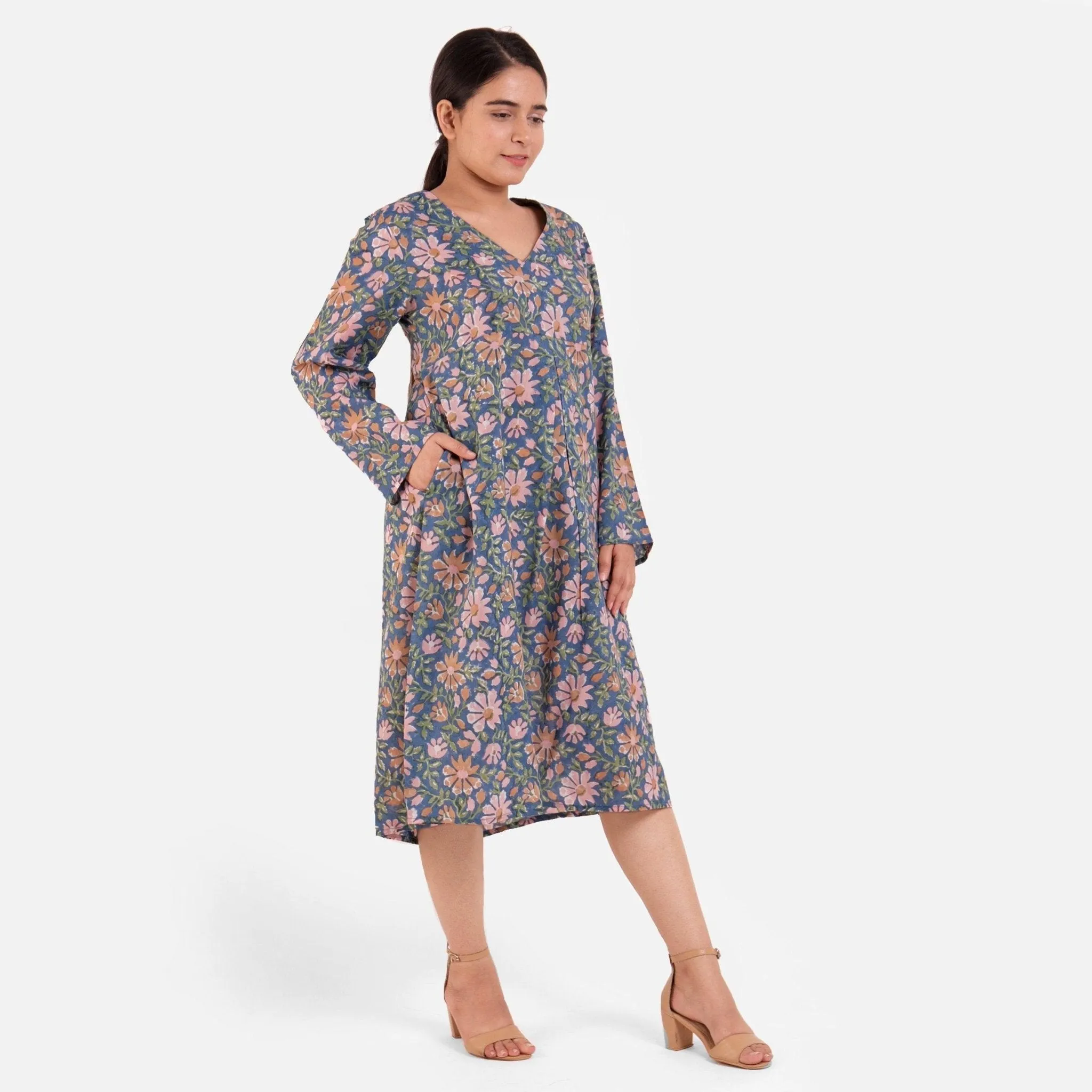 Blue Block Print Floral Cotton Knee Length Dress