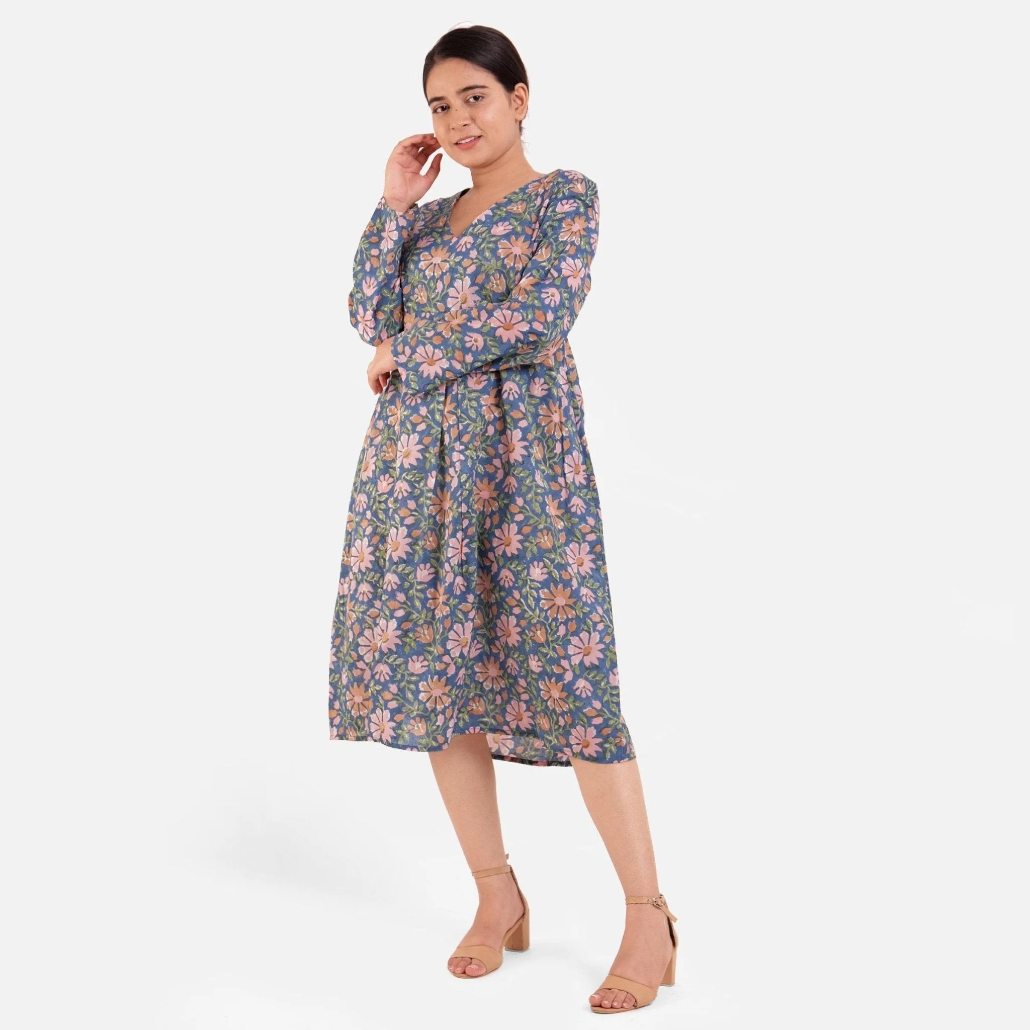 Blue Block Print Floral Cotton Knee Length Dress