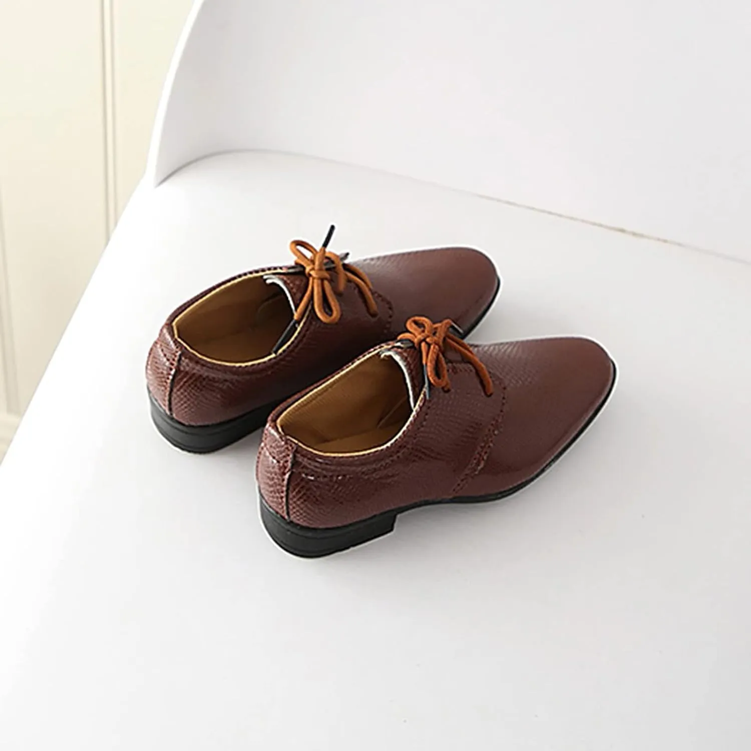 Boys Derb Leather Dress Shoes Pointed Toe Oxford Lce Up Part Performance Prom British Style Footwear for Kids