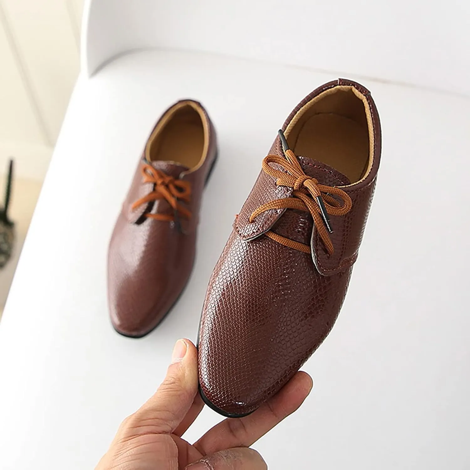 Boys Derb Leather Dress Shoes Pointed Toe Oxford Lce Up Part Performance Prom British Style Footwear for Kids
