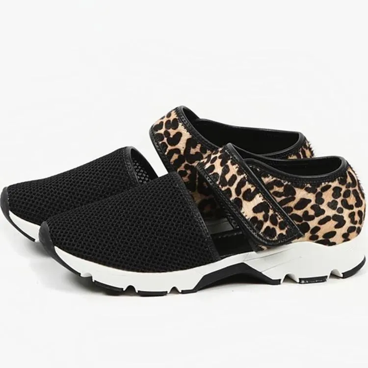Chicvane Leopard Pattern Cut Out Closed Toe Velcro Closure Sneakers