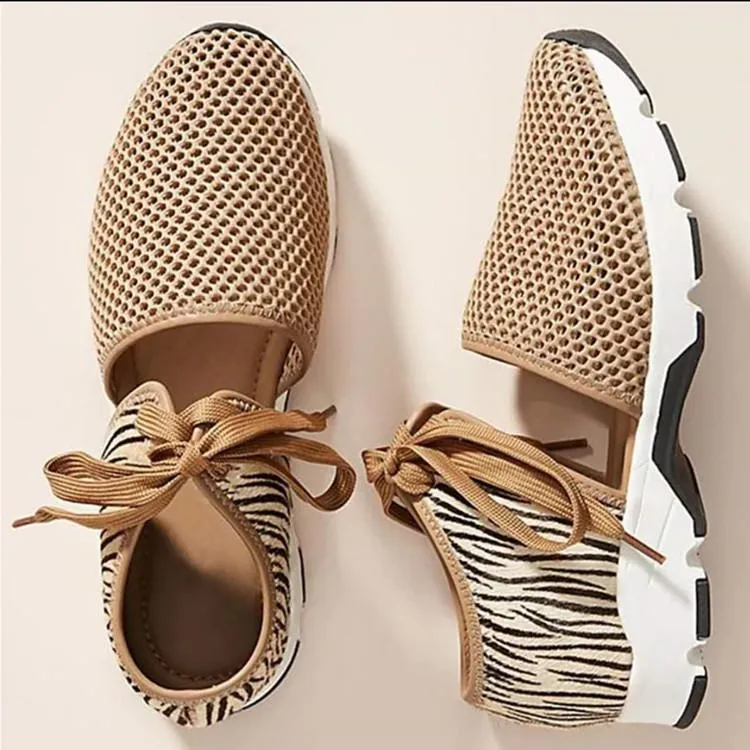 Chicvane Zebra-Stripe Cut Out Closed Toe Lace Up Sneakers