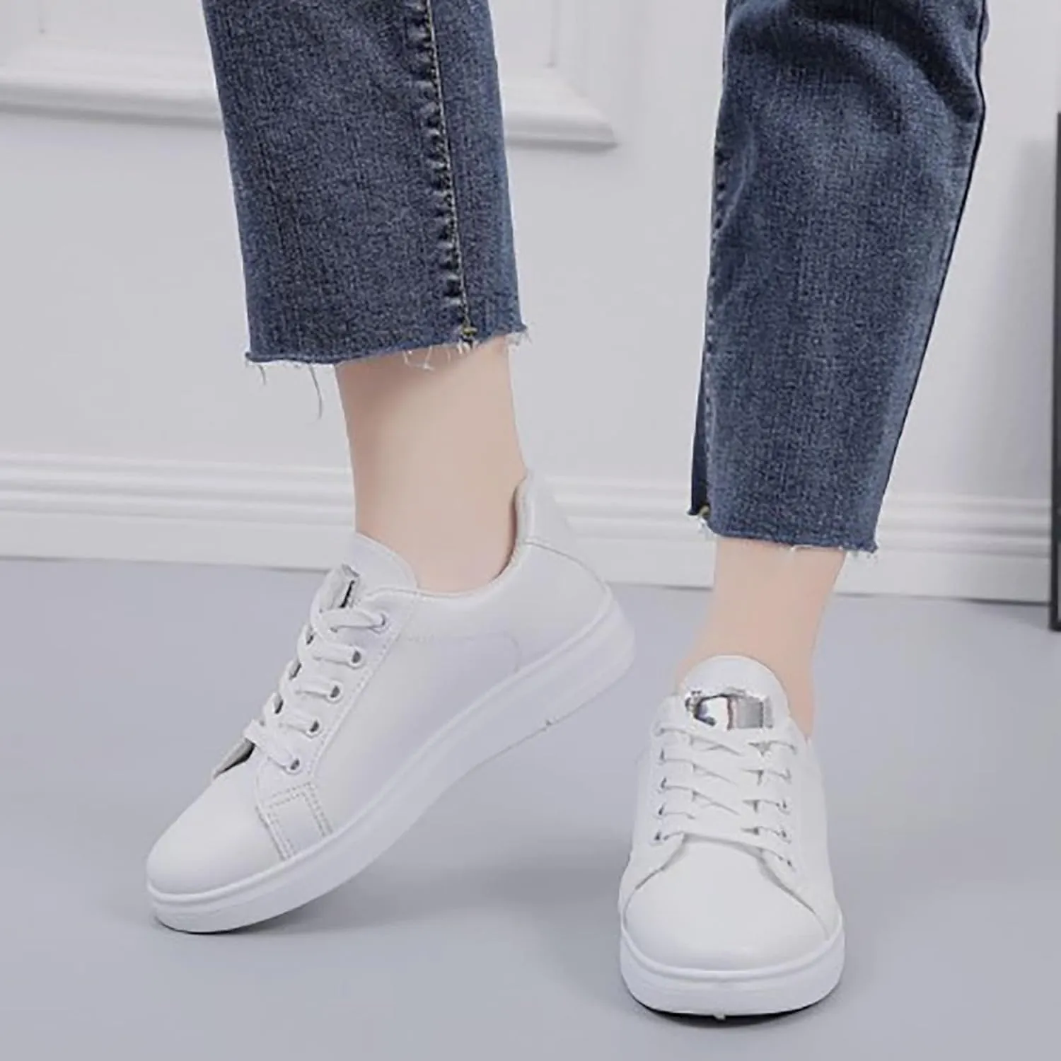 Comfortable Walking Shoes Women Lace Up Faux Pu Leather Workout Sneakers Outdoor Fashion Non Slip Sports Shoes
