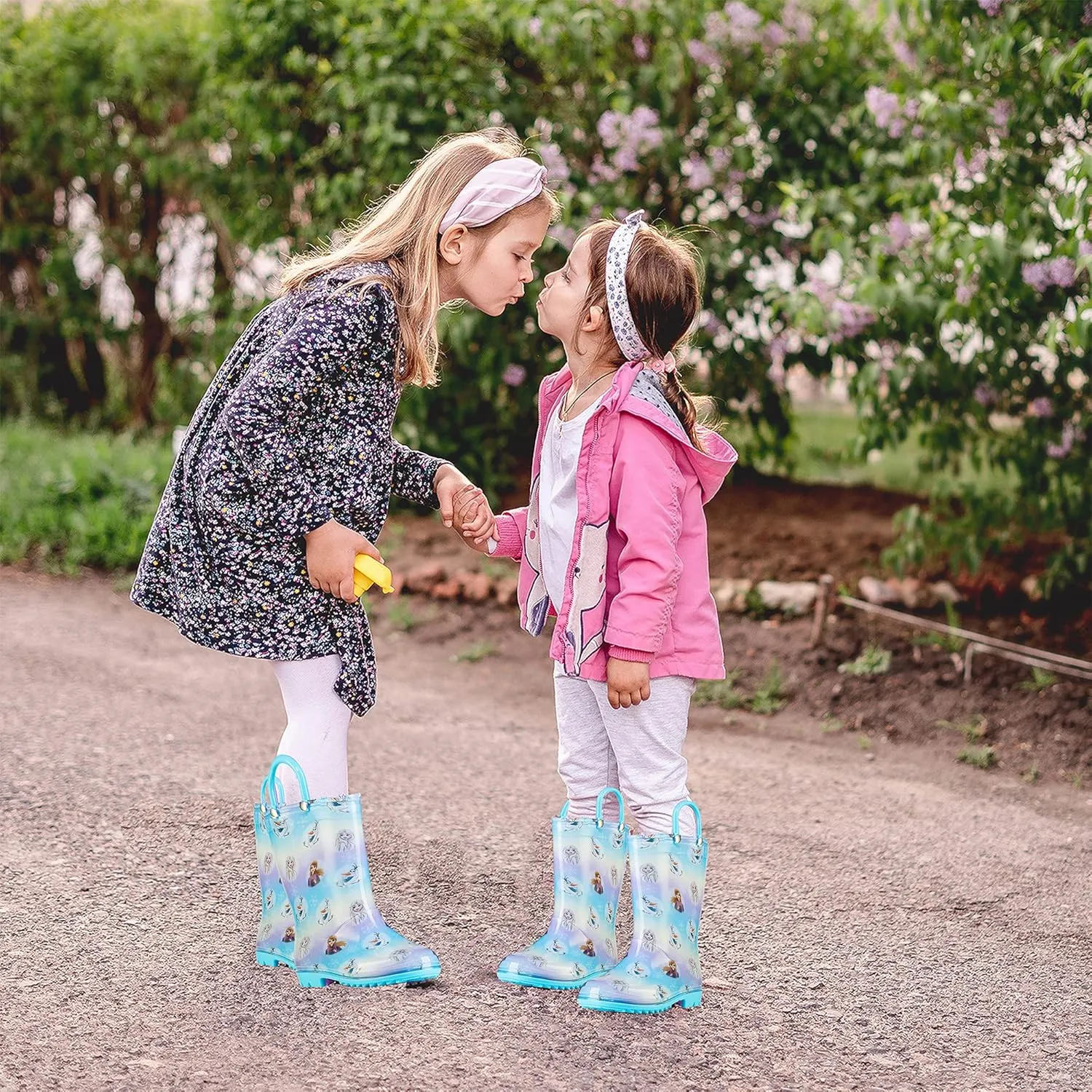 Disney Frozen 2 Girls' Anna, Elsa & Olaf Waterproof PVC Rain Boots with Easy-On Handles  Pink & Purple  Toddler & Little Kid Sizes