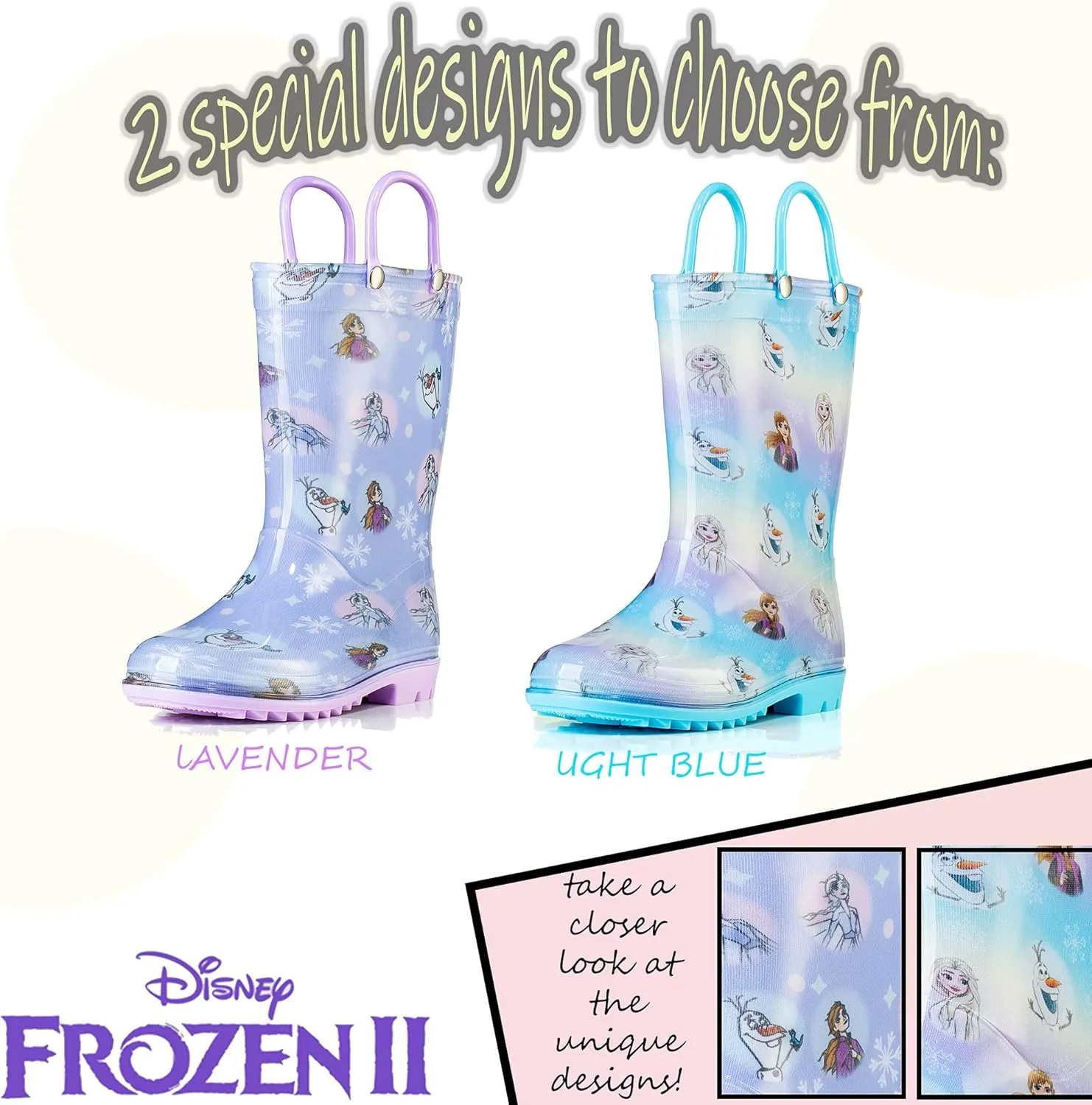 Disney Frozen 2 Girls' Anna, Elsa & Olaf Waterproof PVC Rain Boots with Easy-On Handles  Pink & Purple  Toddler & Little Kid Sizes