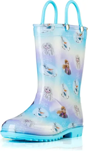 Disney Frozen 2 Girls' Anna, Elsa & Olaf Waterproof PVC Rain Boots with Easy-On Handles  Pink & Purple  Toddler & Little Kid Sizes