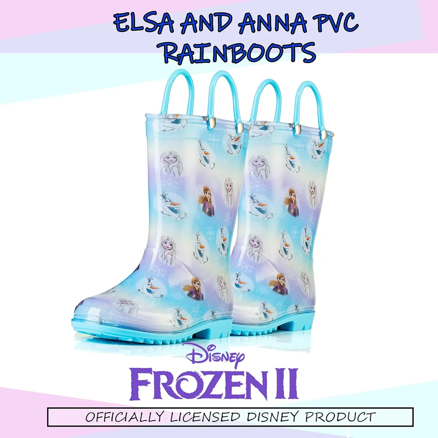 Disney Frozen 2 Girls' Anna, Elsa & Olaf Waterproof PVC Rain Boots with Easy-On Handles  Pink & Purple  Toddler & Little Kid Sizes