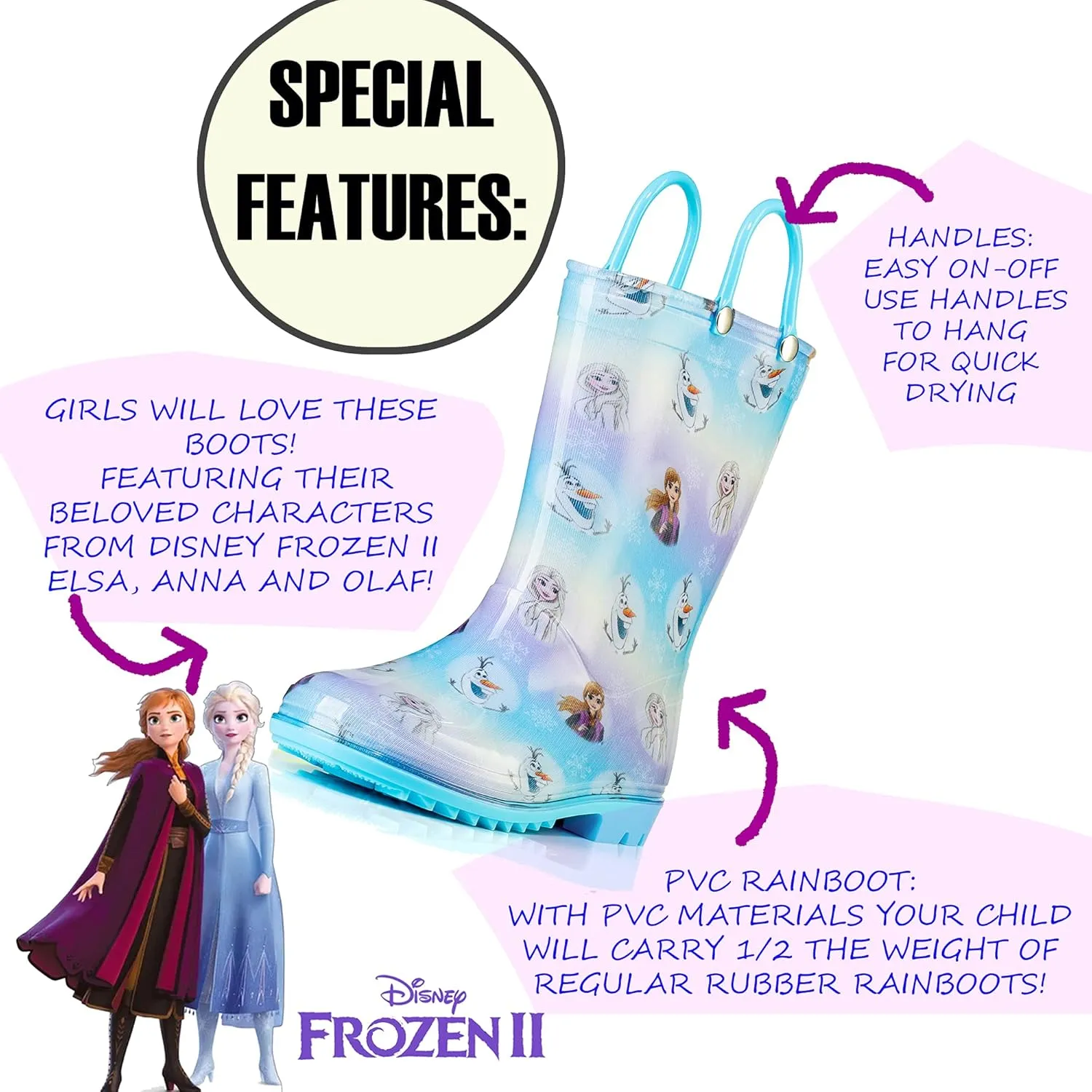 Disney Frozen 2 Girls' Anna, Elsa & Olaf Waterproof PVC Rain Boots with Easy-On Handles  Pink & Purple  Toddler & Little Kid Sizes