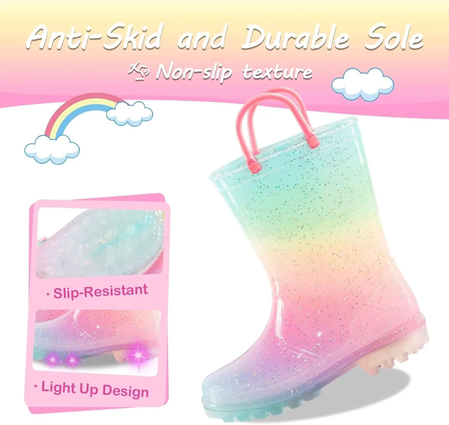 Kids Toddler Rain Boots for Girls Boys Light Up Waterproof Rain Shoes Patterns and Glitter Boot with Easy On Handles