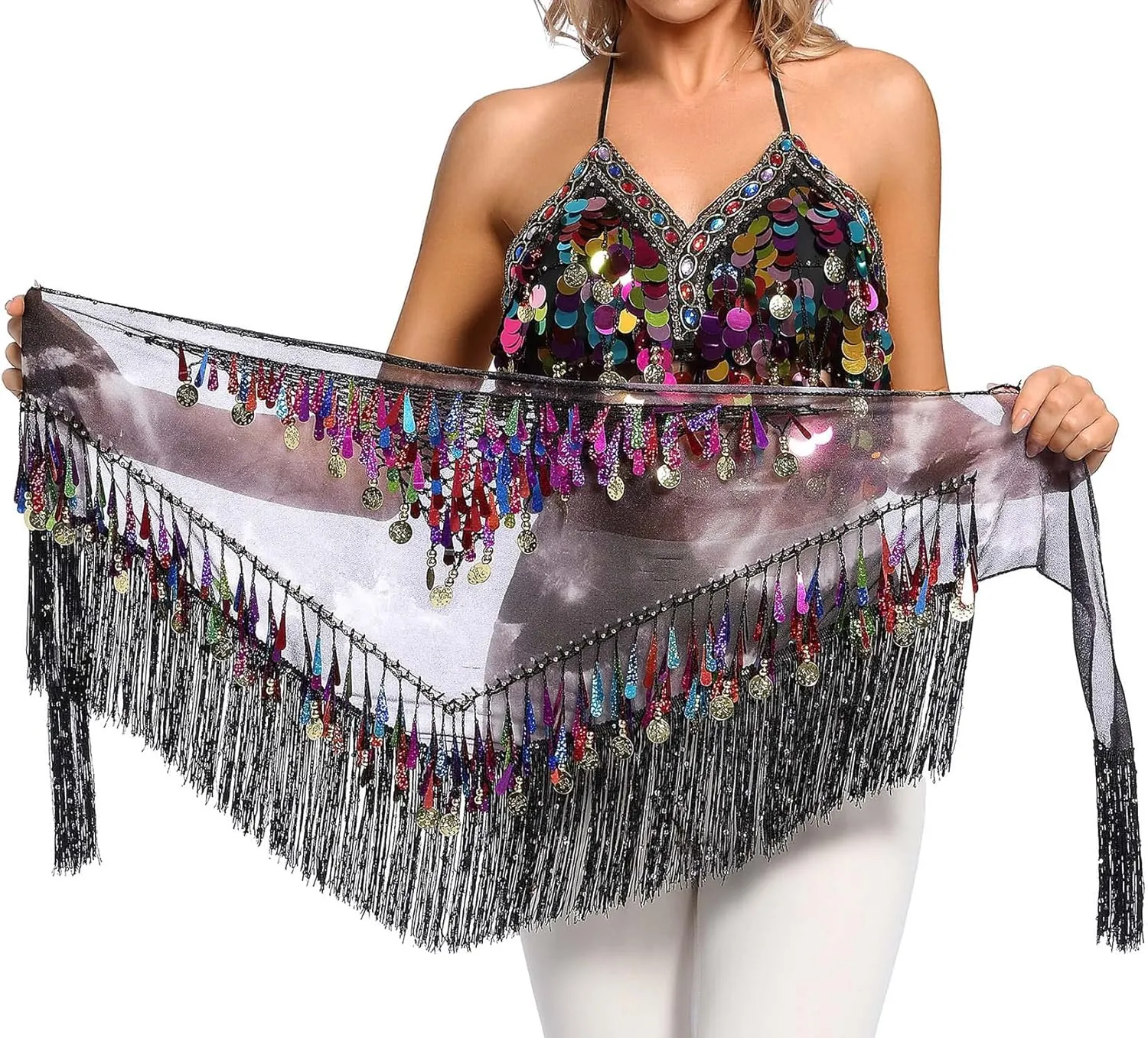 Lauthen.S Belly Dance Hip Scarf with Tassels Sequins, Triangle Coins Wrap Skirt Music Festival Clothing
