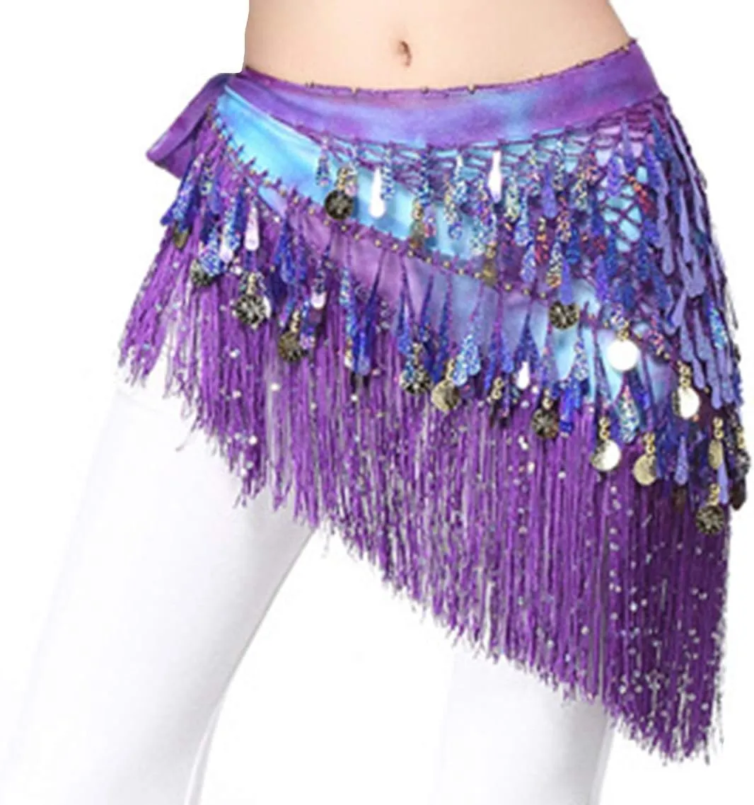 Lauthen.S Belly Dance Hip Scarf with Tassels Sequins, Triangle Coins Wrap Skirt Music Festival Clothing