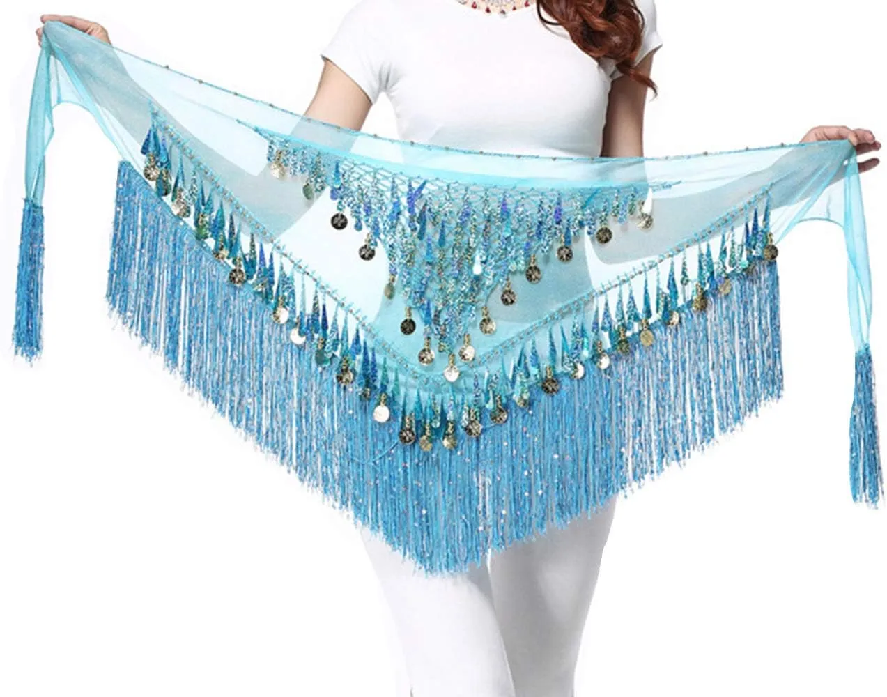 Lauthen.S Belly Dance Hip Scarf with Tassels Sequins, Triangle Coins Wrap Skirt Music Festival Clothing