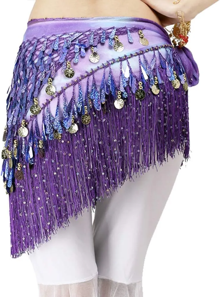Lauthen.S Belly Dance Hip Scarf with Tassels Sequins, Triangle Coins Wrap Skirt Music Festival Clothing