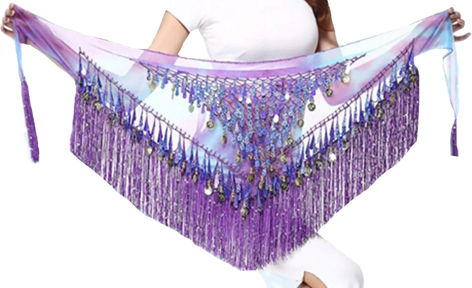 Lauthen.S Belly Dance Hip Scarf with Tassels Sequins, Triangle Coins Wrap Skirt Music Festival Clothing