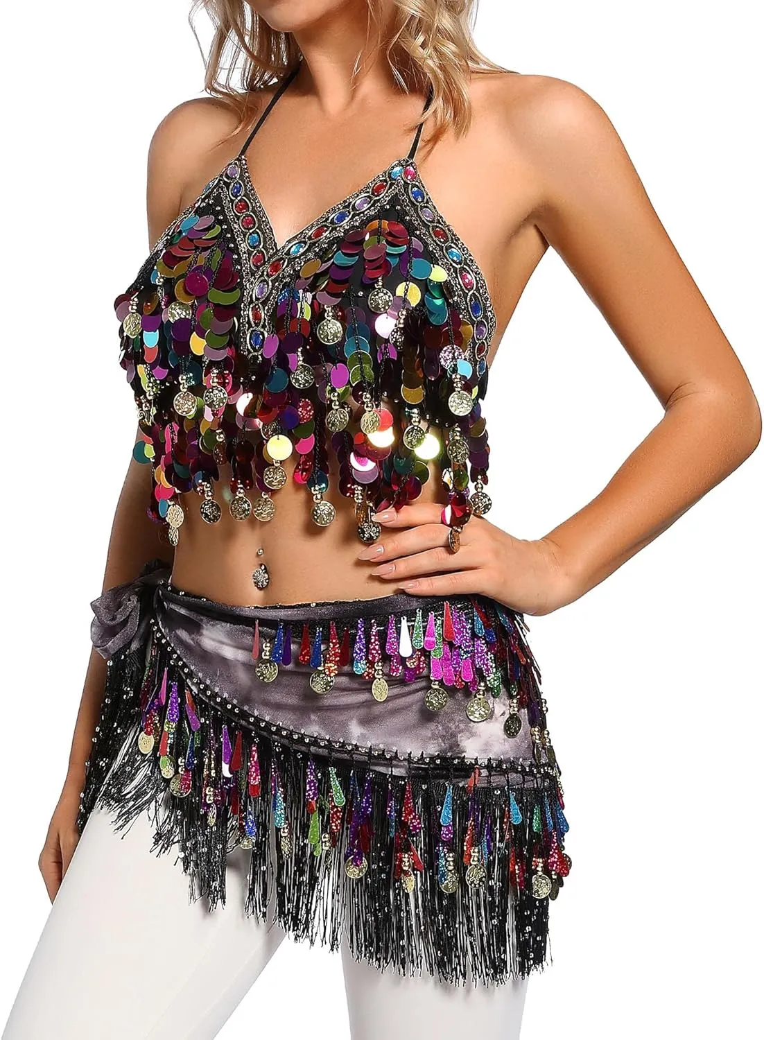 Lauthen.S Belly Dance Hip Scarf with Tassels Sequins, Triangle Coins Wrap Skirt Music Festival Clothing
