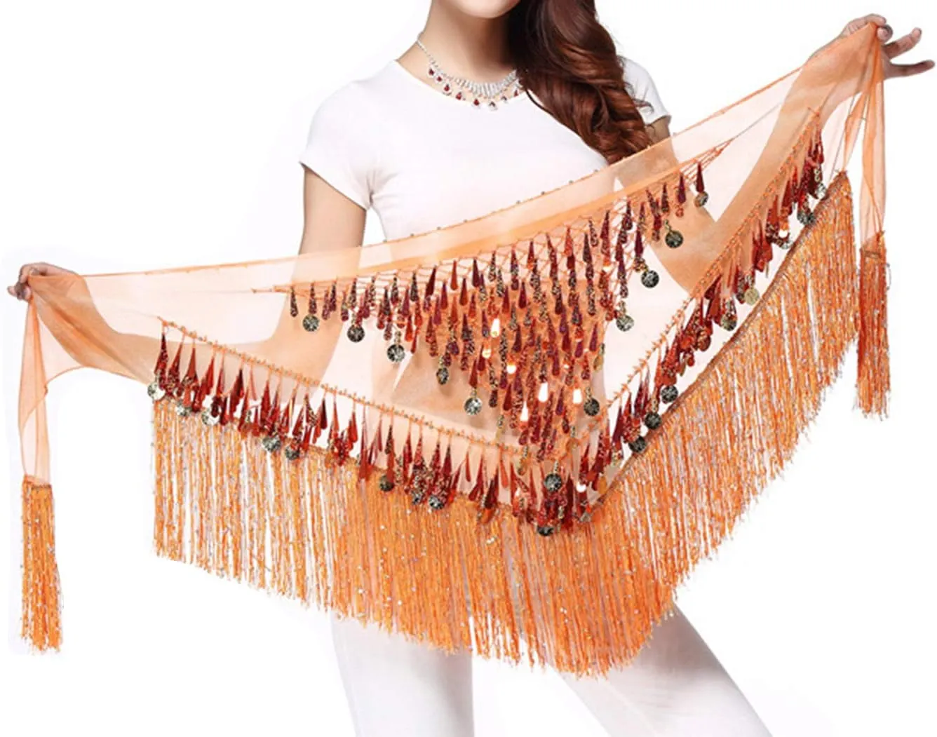 Lauthen.S Belly Dance Hip Scarf with Tassels Sequins, Triangle Coins Wrap Skirt Music Festival Clothing