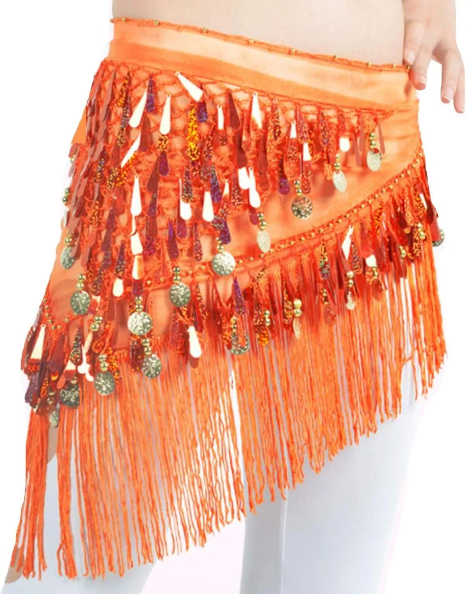 Lauthen.S Belly Dance Hip Scarf with Tassels Sequins, Triangle Coins Wrap Skirt Music Festival Clothing