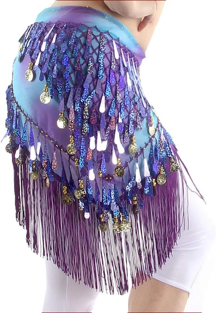 Lauthen.S Belly Dance Hip Scarf with Tassels Sequins, Triangle Coins Wrap Skirt Music Festival Clothing