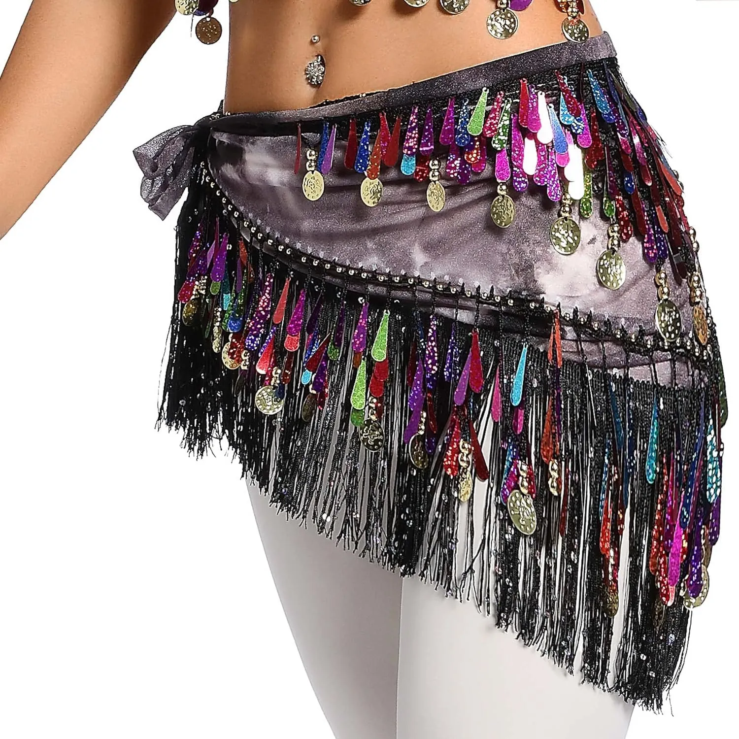 Lauthen.S Belly Dance Hip Scarf with Tassels Sequins, Triangle Coins Wrap Skirt Music Festival Clothing
