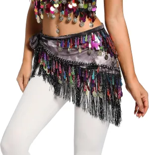 Lauthen.S Belly Dance Hip Scarf with Tassels Sequins, Triangle Coins Wrap Skirt Music Festival Clothing