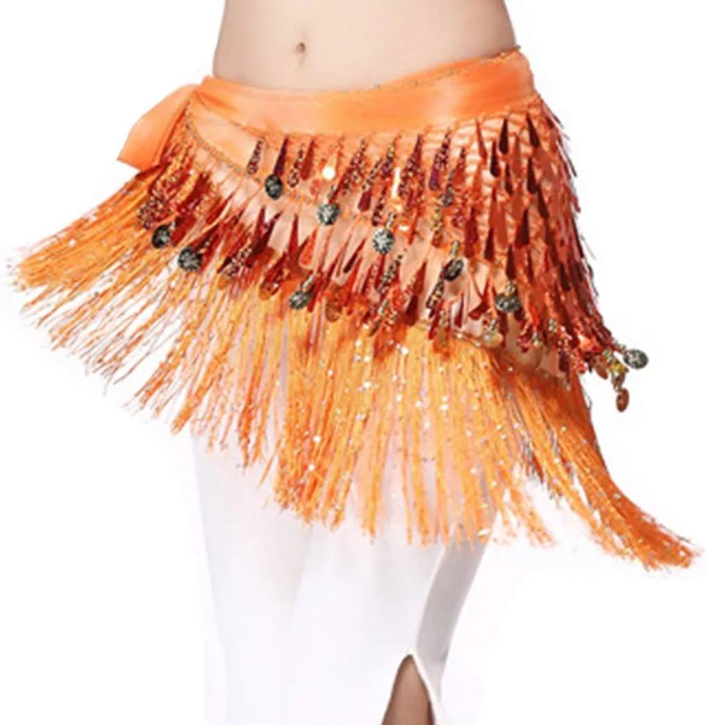Lauthen.S Belly Dance Hip Scarf with Tassels Sequins, Triangle Coins Wrap Skirt Music Festival Clothing