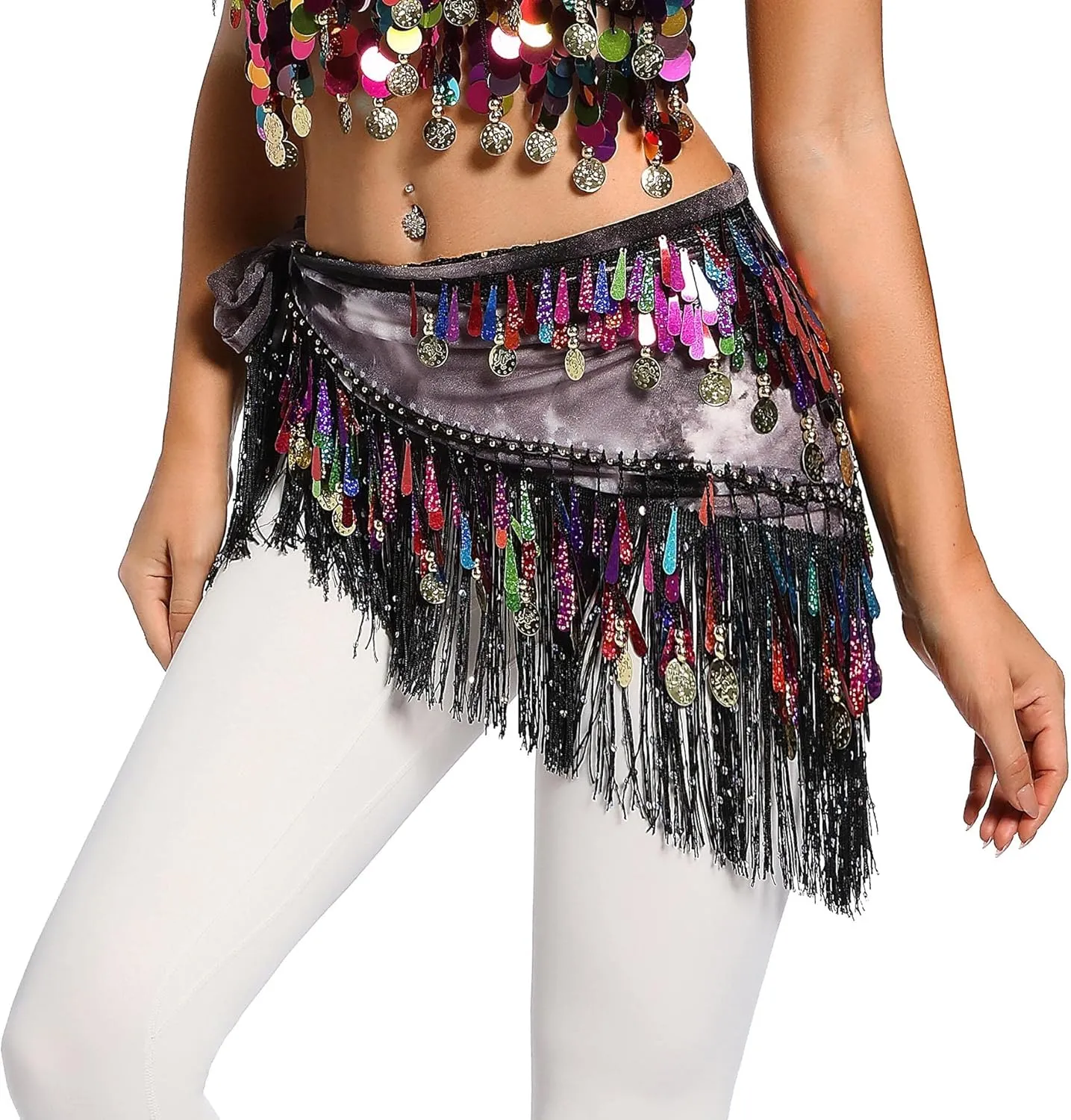 Lauthen.S Belly Dance Hip Scarf with Tassels Sequins, Triangle Coins Wrap Skirt Music Festival Clothing