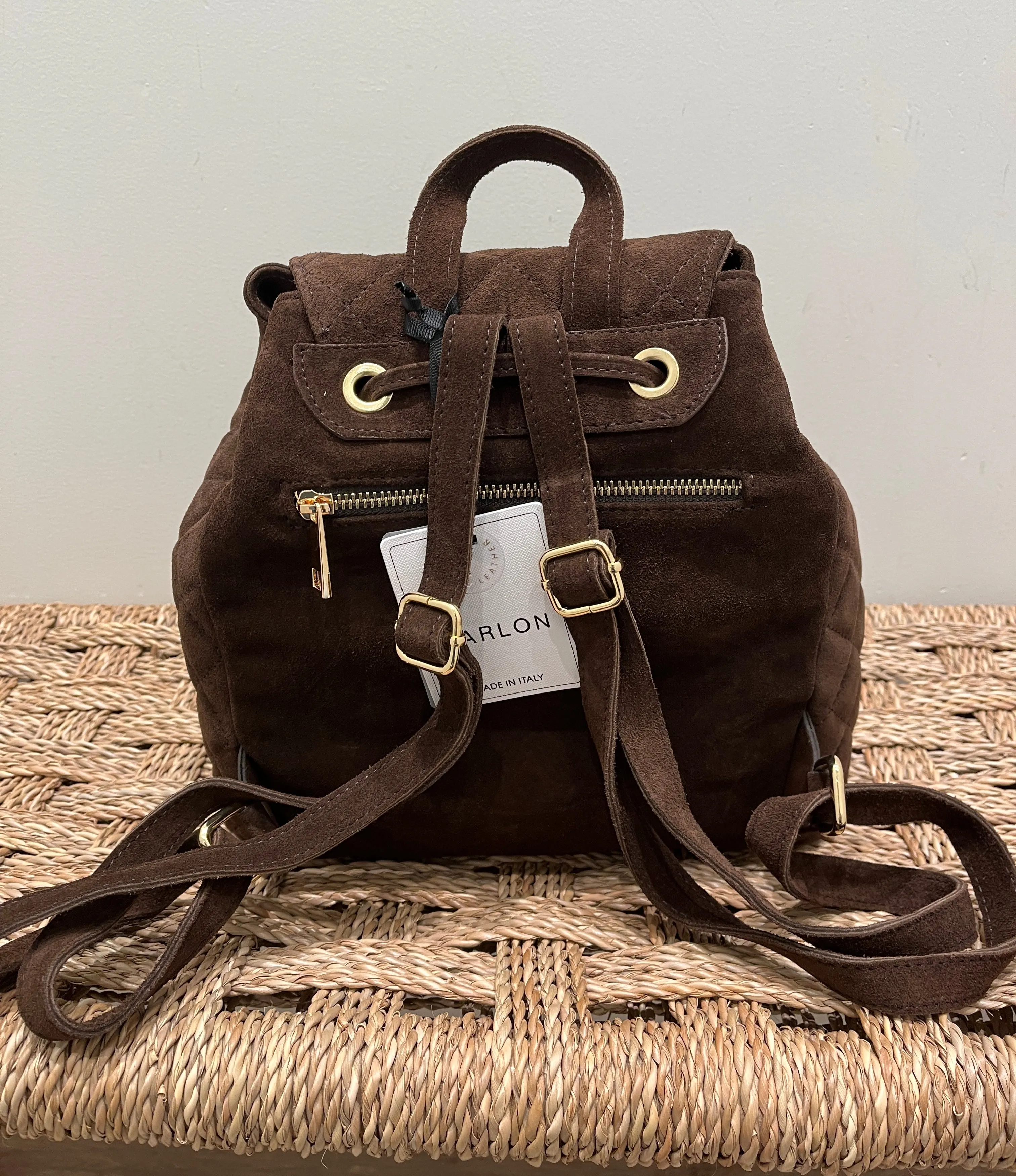 Matelasse Cross Stitch Backpack-Chocolate Suede