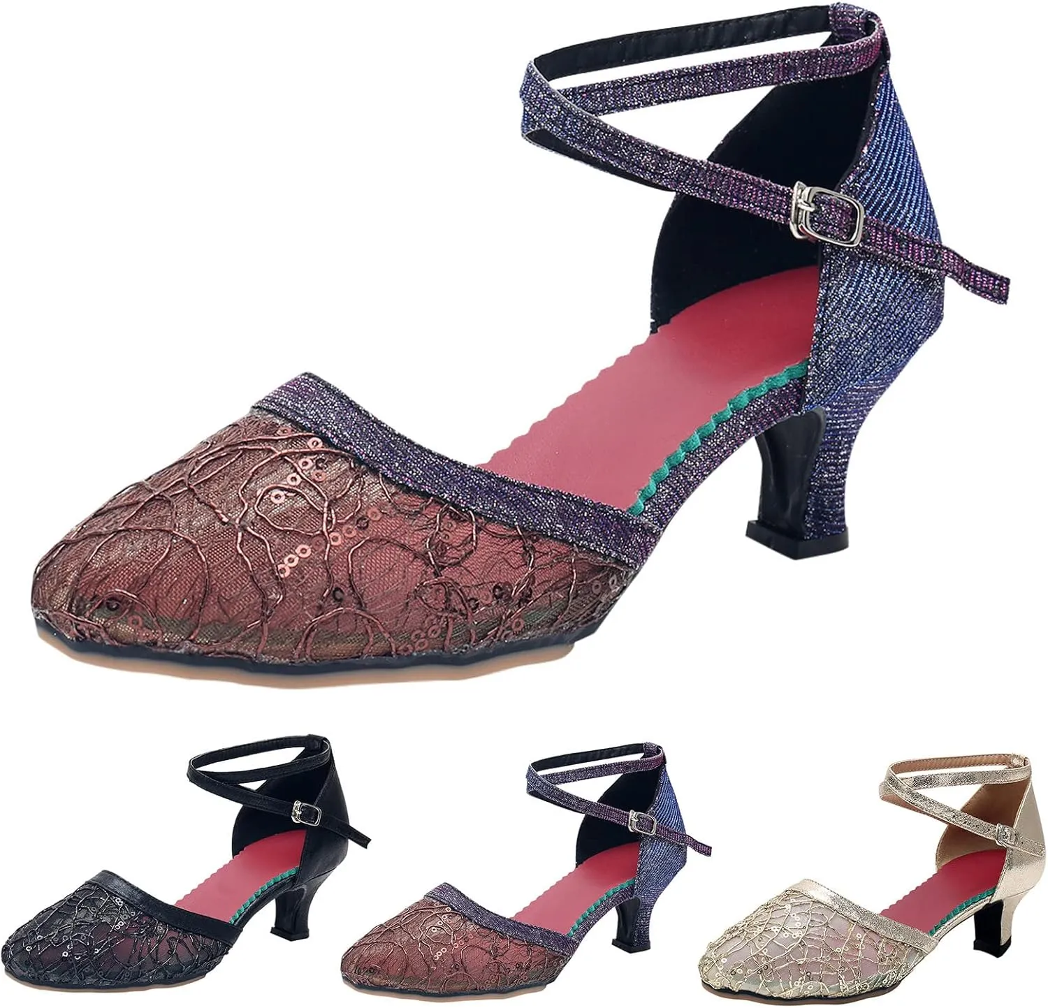 Mesh Rhinestone Sandals for Womens Latin Dance Shoes Heeled Ballroom Salsa Tango Party Sequin Dance Shoes Supportive Sandals for Women (Gold, 6.5)