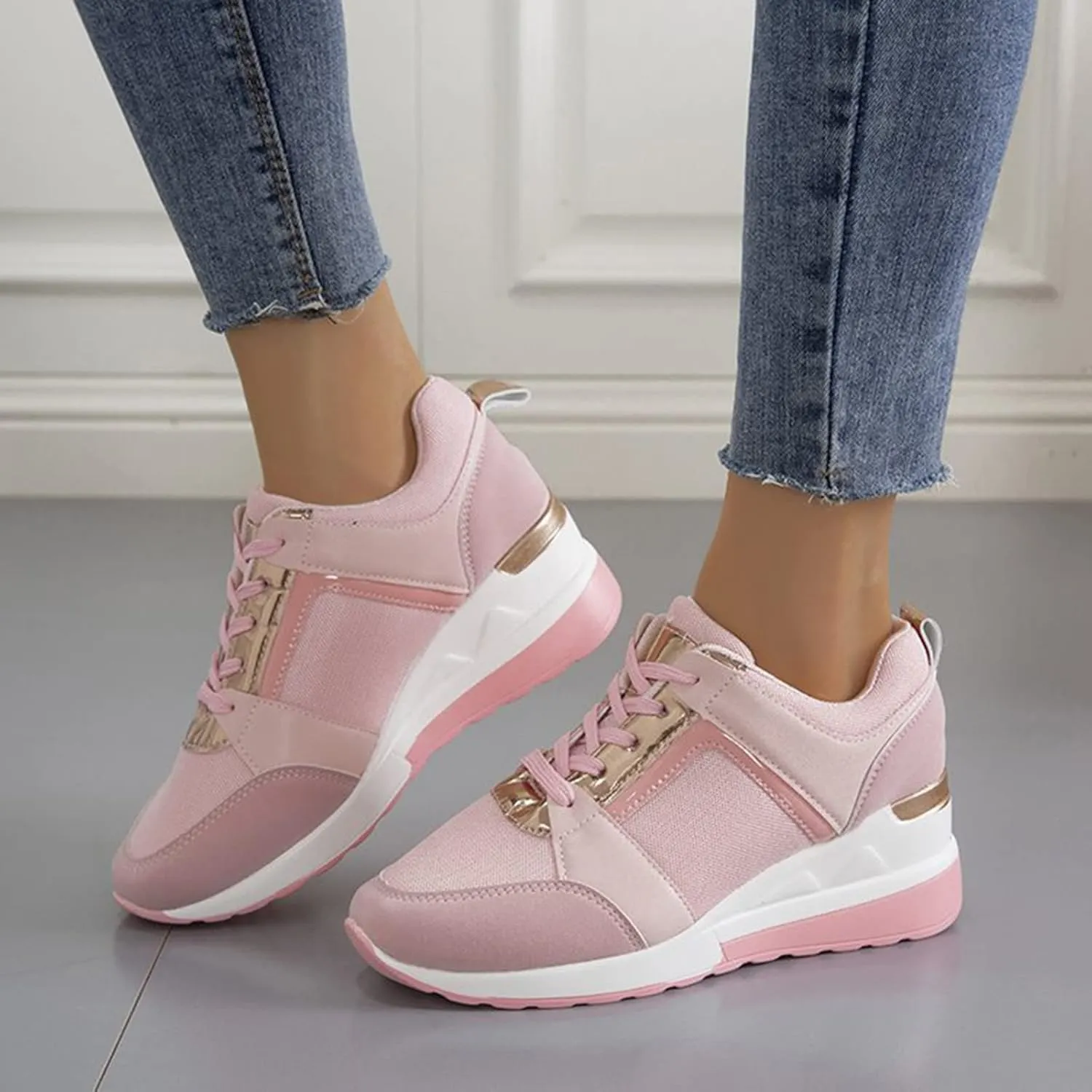 Non Slip Gym Workout Shoes Ladies Summer Fashion Leather Lace Up Round Head Comfortable Fashion Sneakers