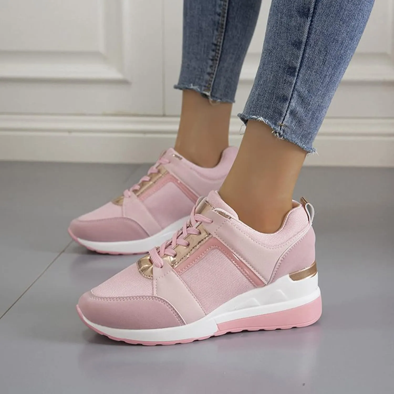 Non Slip Gym Workout Shoes Ladies Summer Fashion Leather Lace Up Round Head Comfortable Fashion Sneakers
