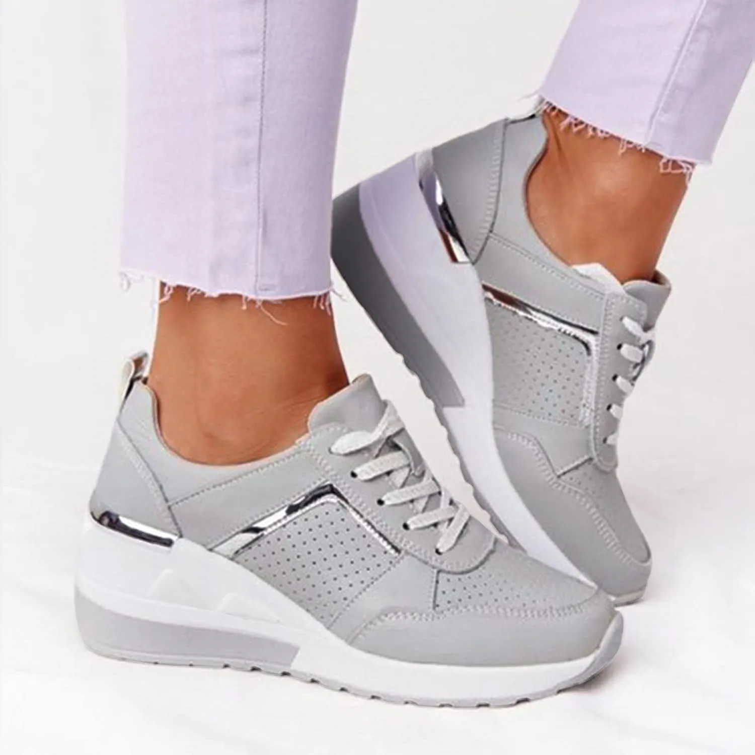 Non Slip Gym Workout Shoes Ladies Summer Fashion Leather Lace Up Round Head Comfortable Fashion Sneakers