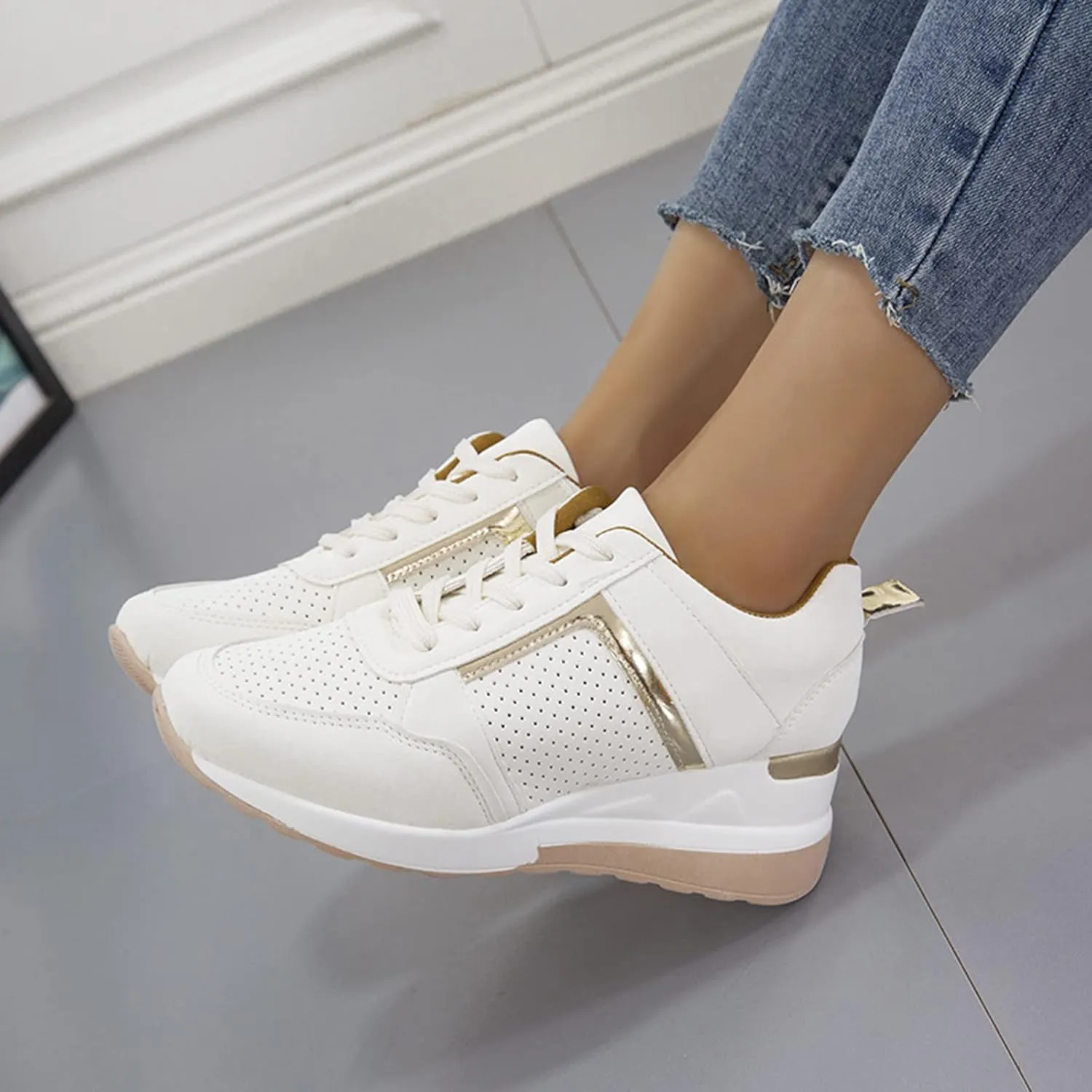 Non Slip Gym Workout Shoes Ladies Summer Fashion Leather Lace Up Round Head Comfortable Fashion Sneakers