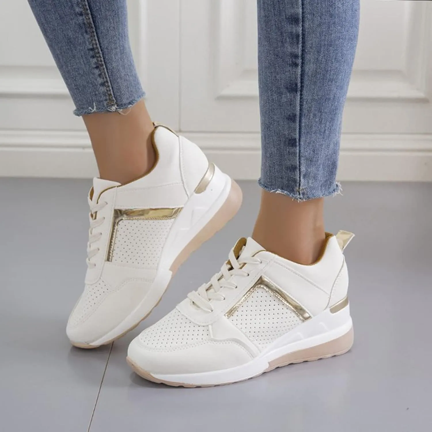 Non Slip Gym Workout Shoes Ladies Summer Fashion Leather Lace Up Round Head Comfortable Fashion Sneakers