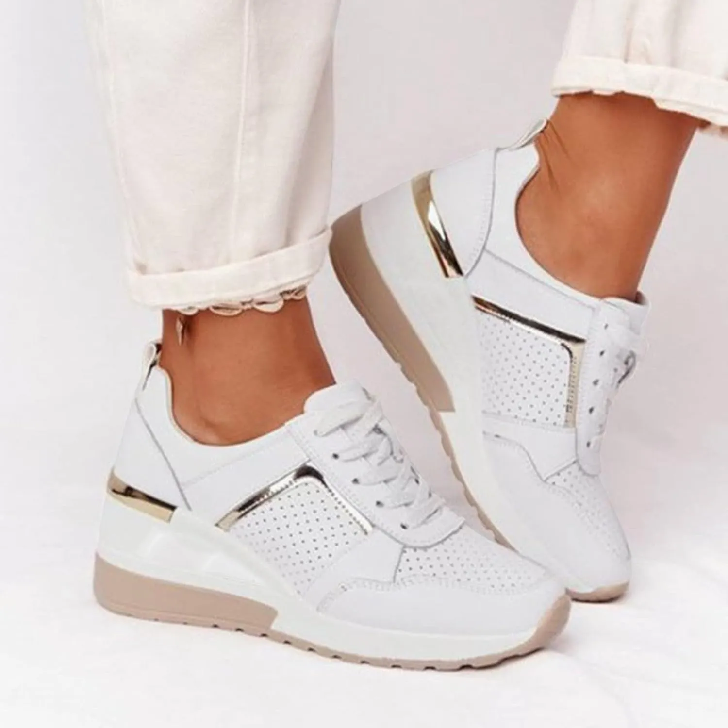 Non Slip Gym Workout Shoes Ladies Summer Fashion Leather Lace Up Round Head Comfortable Fashion Sneakers