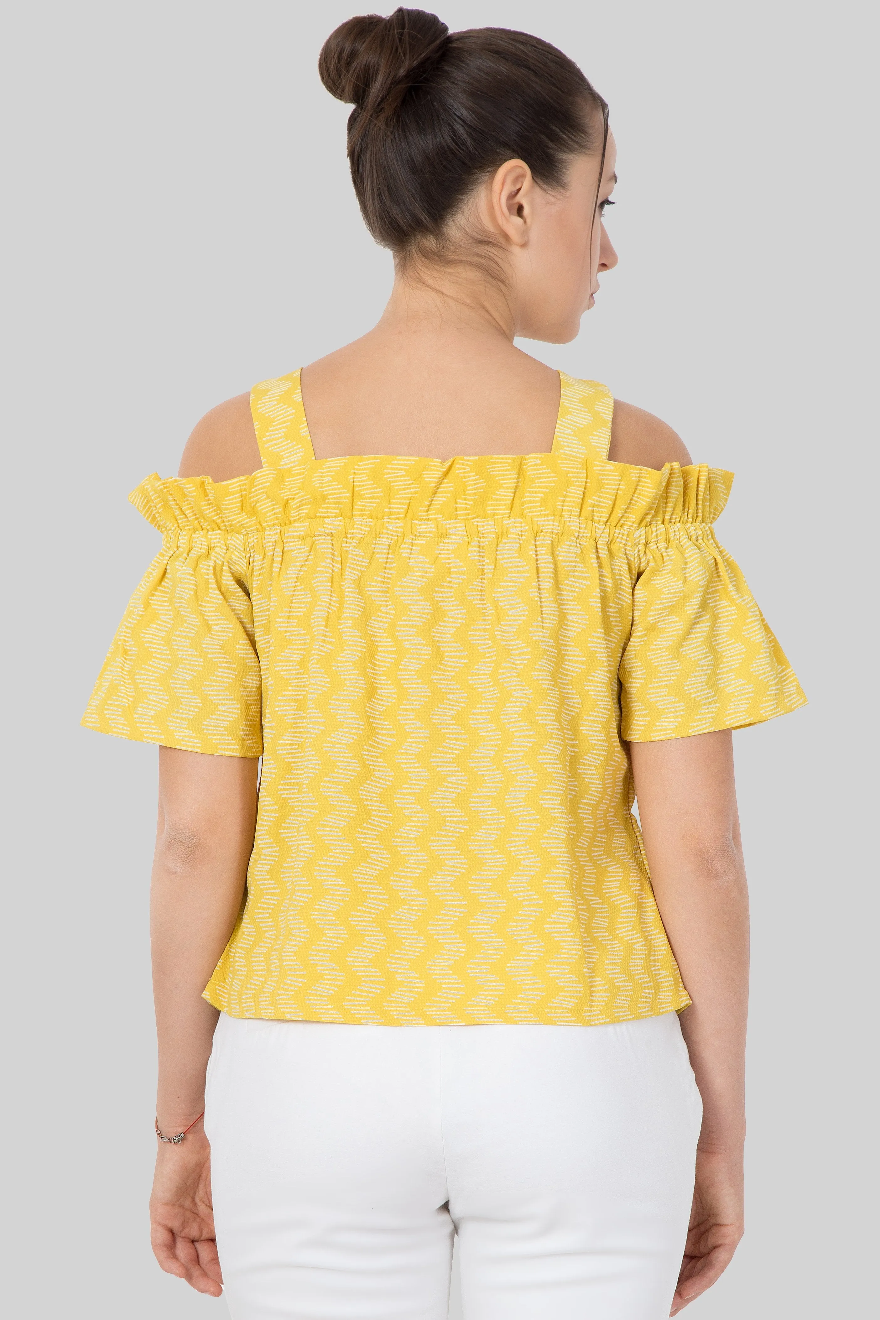 Printed ruffle cold shoulder top