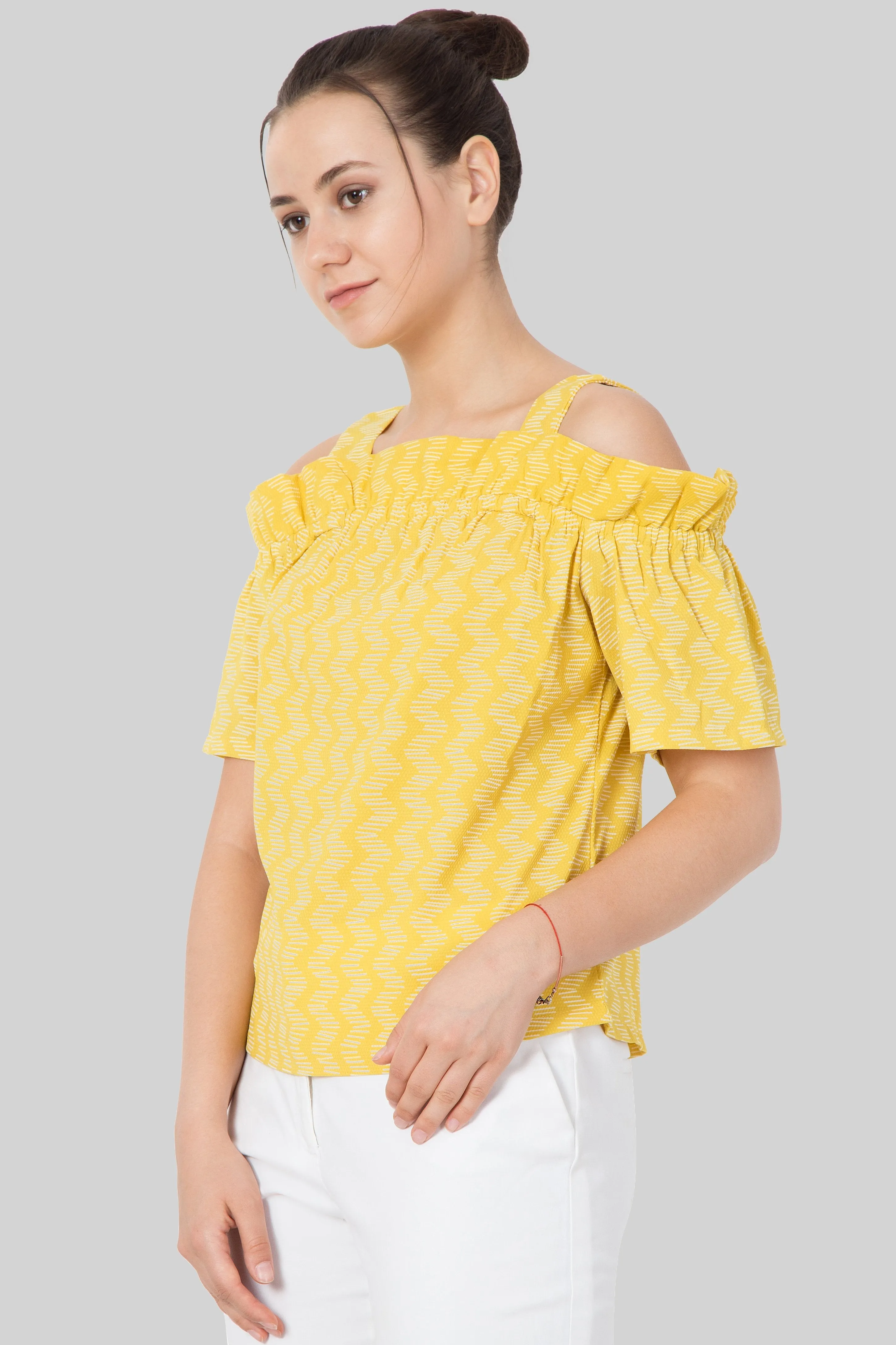 Printed ruffle cold shoulder top