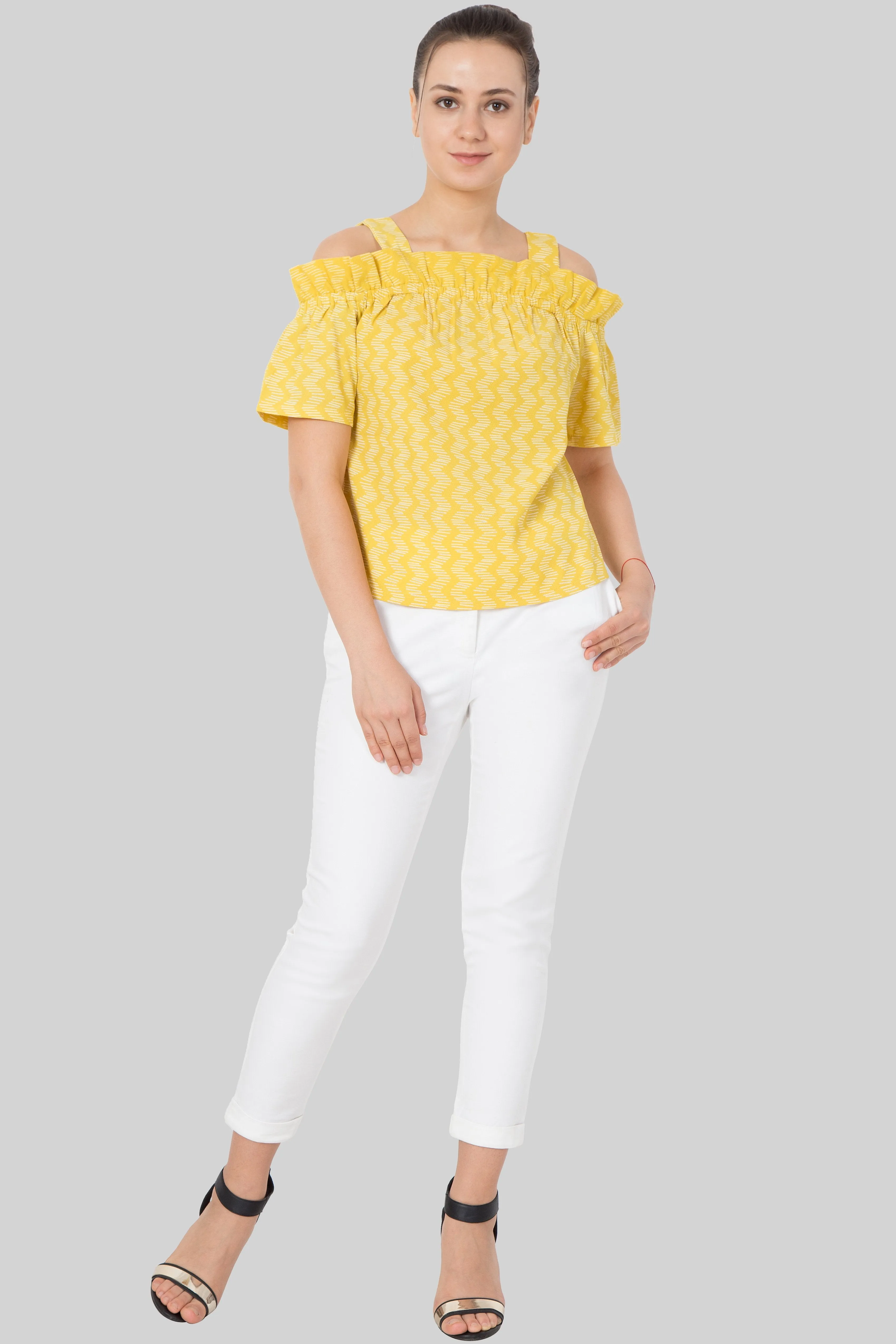 Printed ruffle cold shoulder top