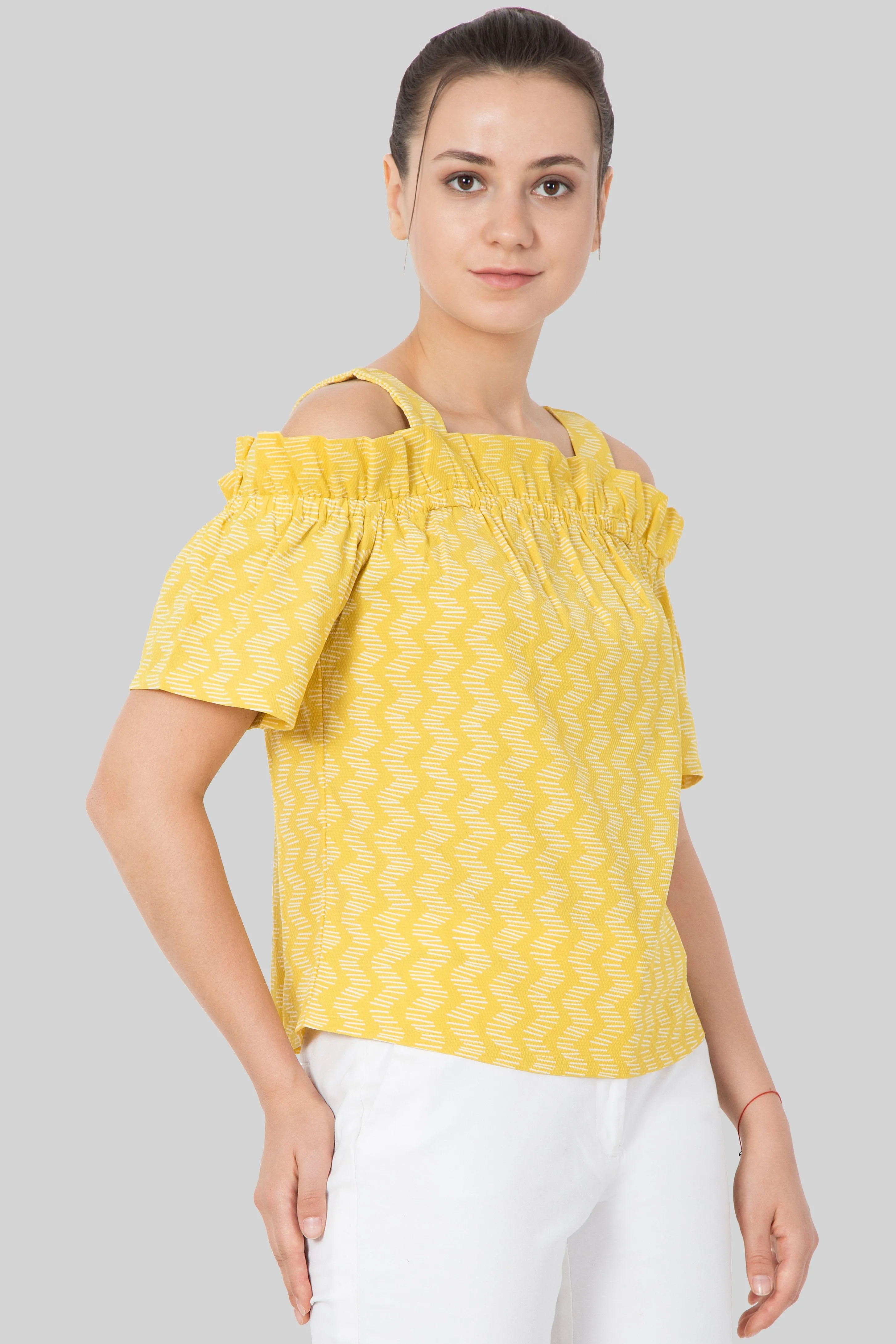 Printed ruffle cold shoulder top