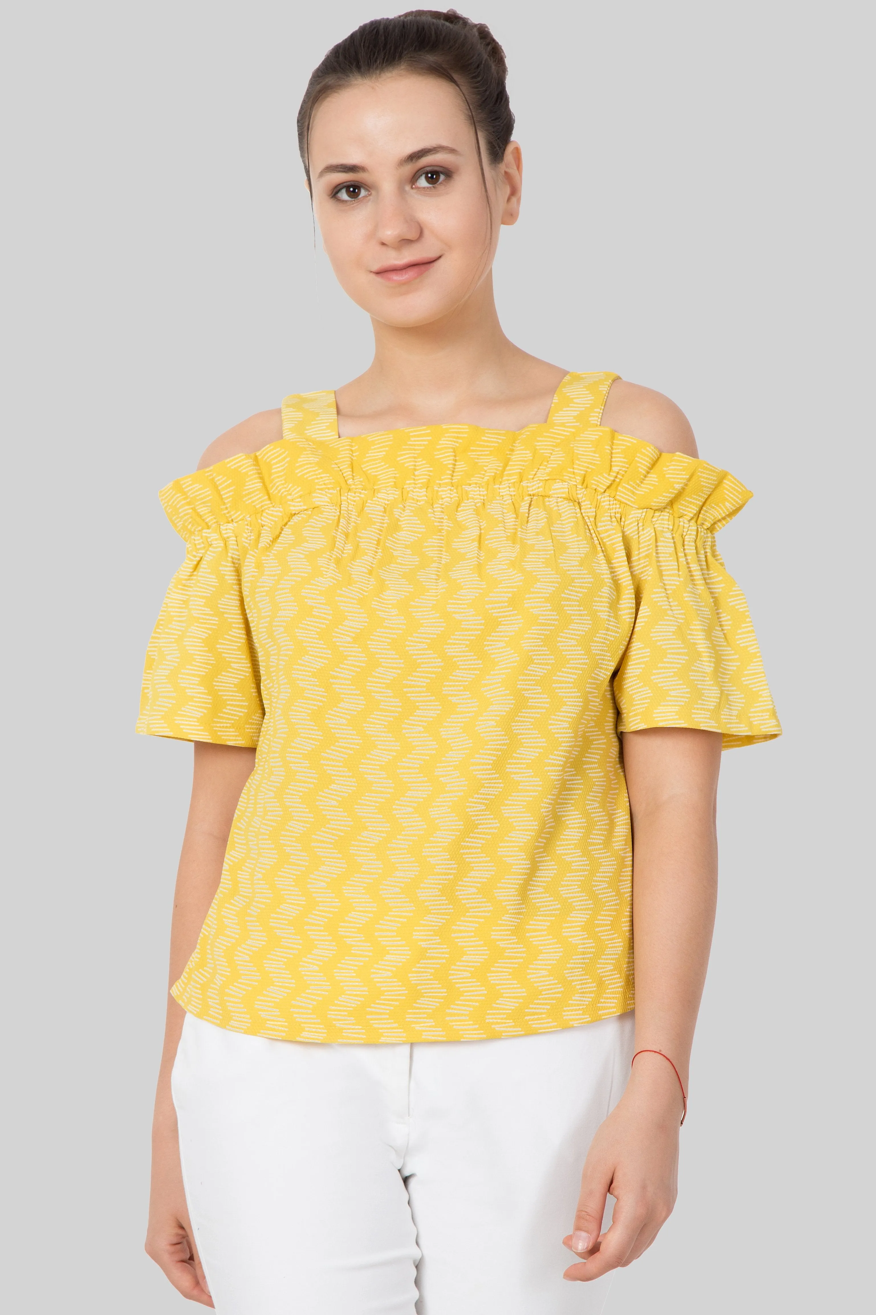 Printed ruffle cold shoulder top
