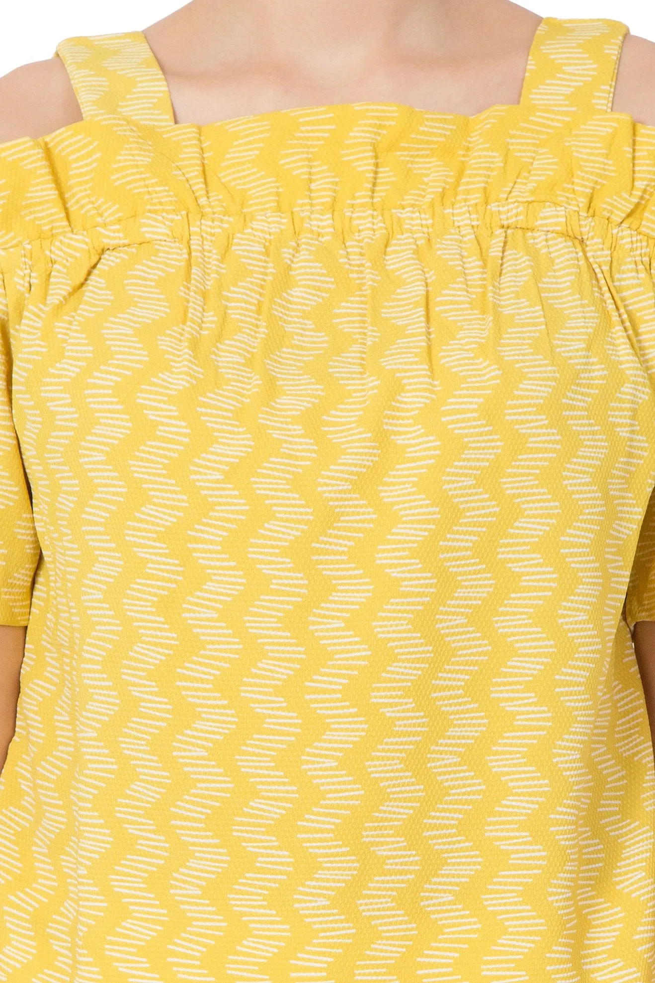 Printed ruffle cold shoulder top