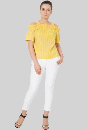Printed ruffle cold shoulder top