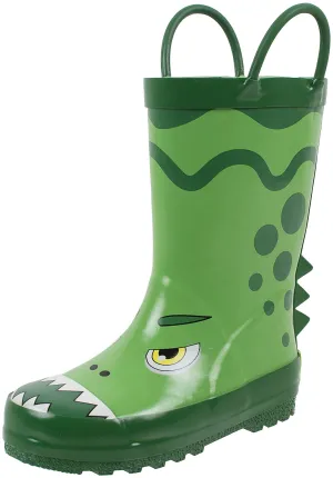 Rainbow Daze Kids Rubber Rain Boots, Dino the Dinosaur, Waterproof, Green, Toddler size 7/8