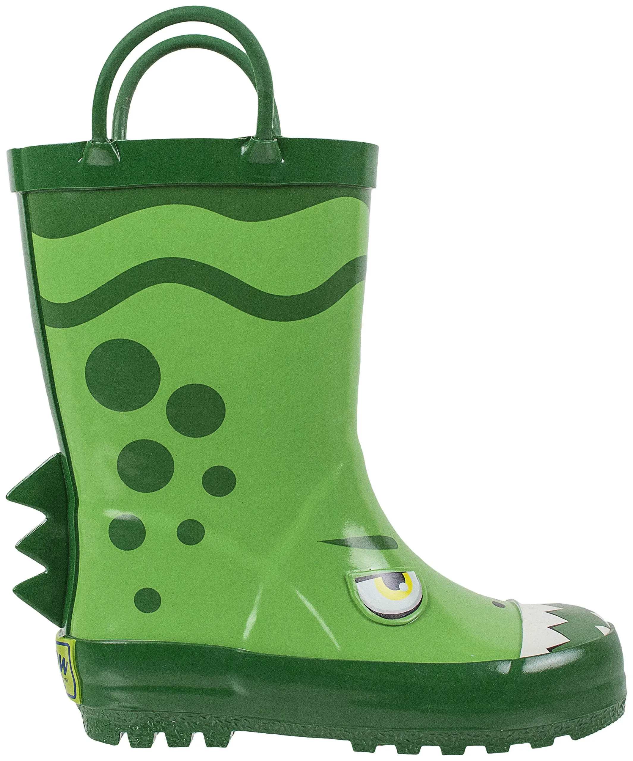 Rainbow Daze Kids Rubber Rain Boots, Dino the Dinosaur, Waterproof, Green, Toddler size 7/8