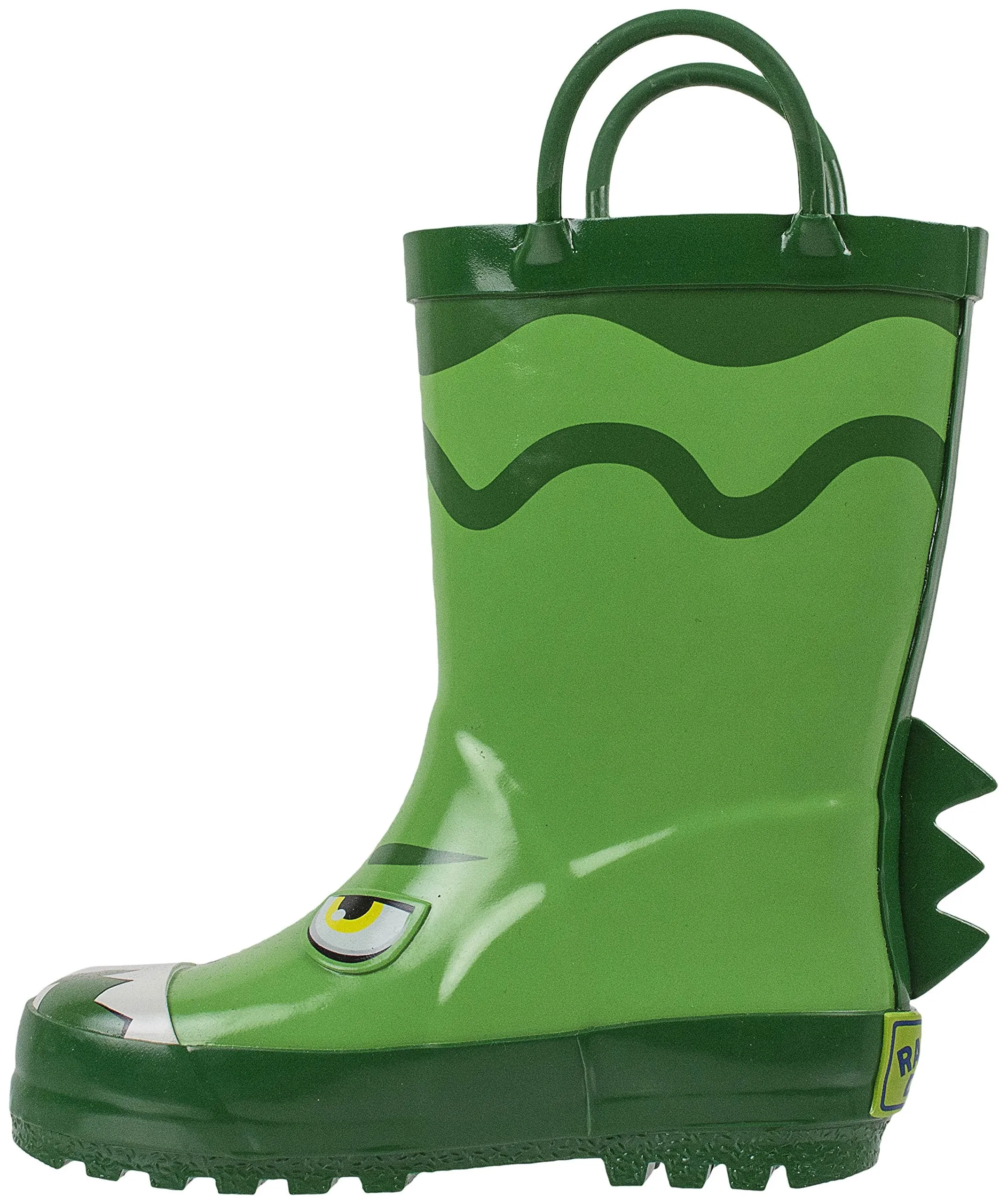 Rainbow Daze Kids Rubber Rain Boots, Dino the Dinosaur, Waterproof, Green, Toddler size 7/8
