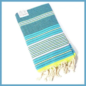 Turkish Towel / Sarong / Beach Towel - Aqua Neon Yellow Stripe