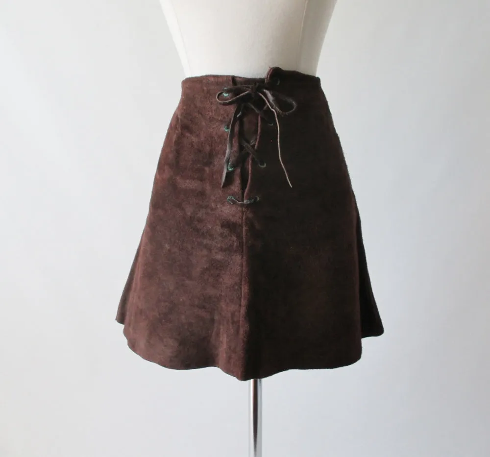 Vintage 60's 70's Brown Suede Leather Lace Front Mini Skirt M
